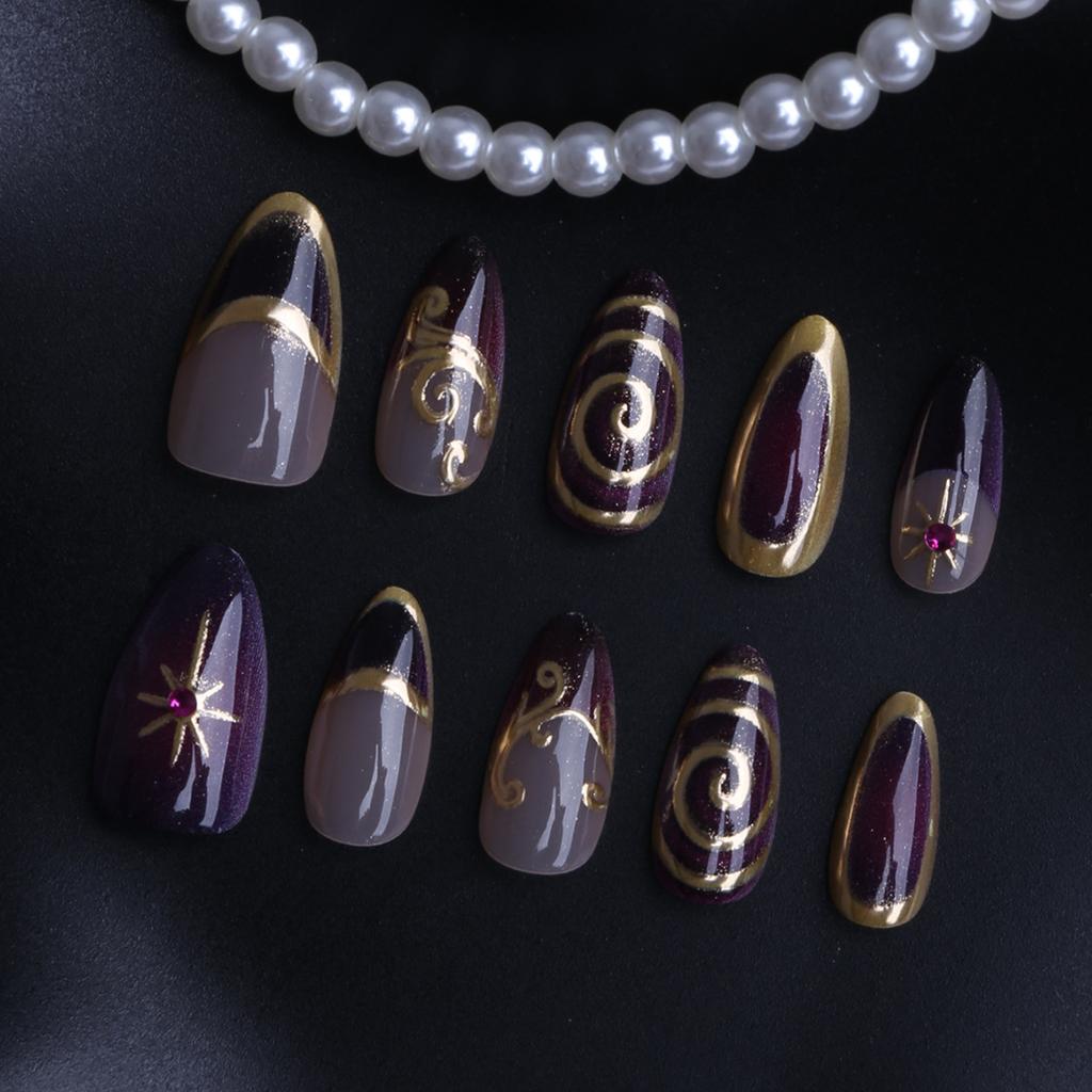 30 pieces of almond-shaped cross-star gilded purple wearable high-end nail art fake nails are hot-selling
