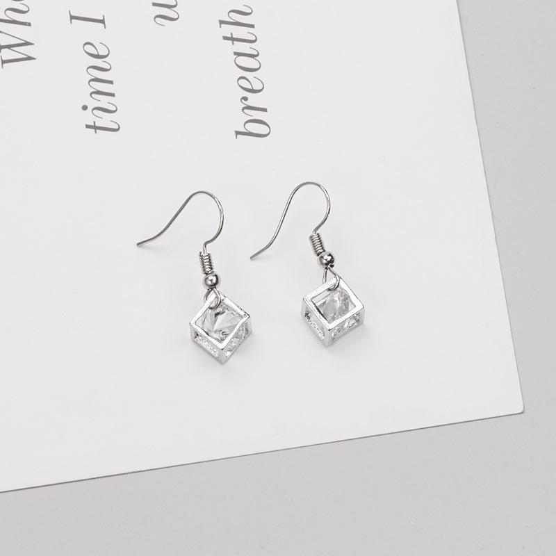 Korean Zircon Square Earrings: Fashionable, Fresh, Three-Dimensional Diamond-Inlaid Short Drop Studs