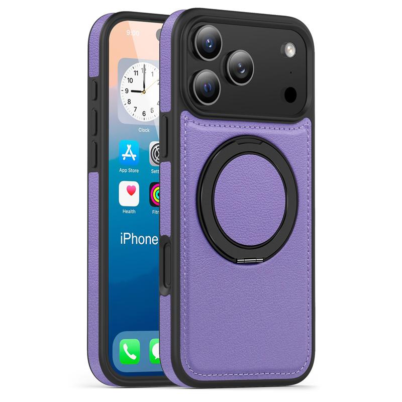 Кожаный чехол для телефона Magsafe iPhone 17 Air 16E 16 15 14 Plus 13 12 Pro Max Магнитный Поворотный на 360° Металлический держатель Подставка Задняя крышка