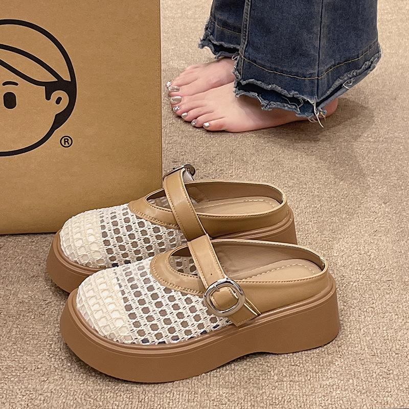 Полые плетеные сетчатые тапочки на платформе 2025 однословный ремешок одинарная обувь сандалии женские туфли Мэри Джейн с неглубоким вырезом