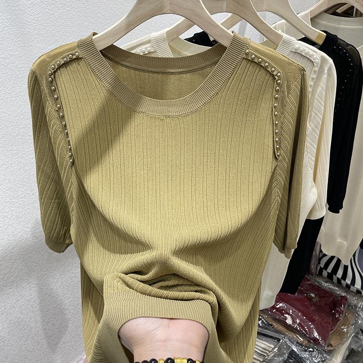 Круглая горловина белая футболка с короткими рукавами модный тонкий топ с бисером для ногтей свободный однотонный вязаный свитер для женщин