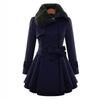 Winter Long Wool Coats Women Streetwear Double Breasted Collar Woolen Collar Lace Up Pleated Ruffle Jackets