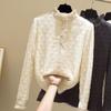 Women's Fleece-Lined Lace Top with Stand-Up Collar - Autumn/Winter Embroidered Mesh Long Sleeve Slim Fit Shirt