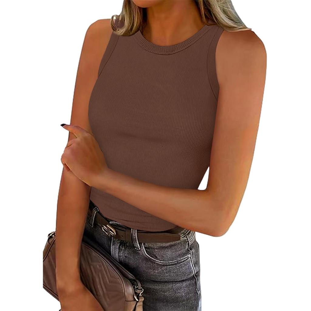 Женская летняя мода, повседневный однотонный топ без рукавов с круглым вырезом, узкая майка