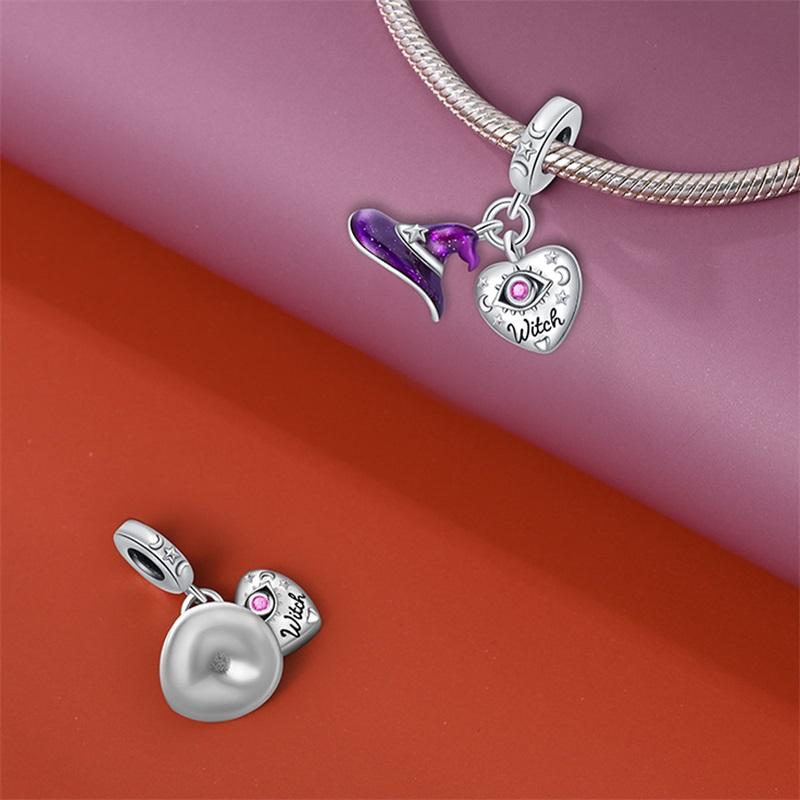 Popular Copper Purple Flying Witch, Hat & Magic Book World Dangle Charm Fits Original Bracelet Diy Halloween Charm