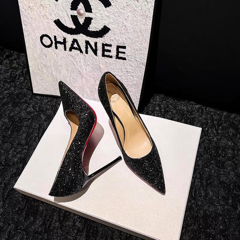 Черные туфли на высоком каблуке с красной подошвой, женские туфли-шпильки, осень-зима 2024, новые свадебные туфли с блестками и кристаллами, остроносые, профессиональные, сексуальные, одинарные туфли