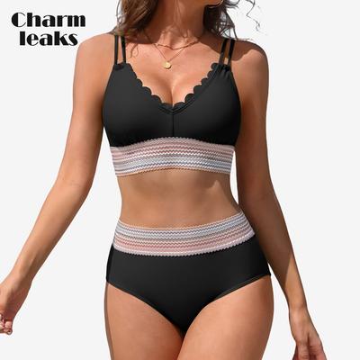 Женские комплекты бикини с фестончатым вырезом, двухсекционные купальники с высокой талией, спортивный купальник с цветными блоками и высоким вырезом