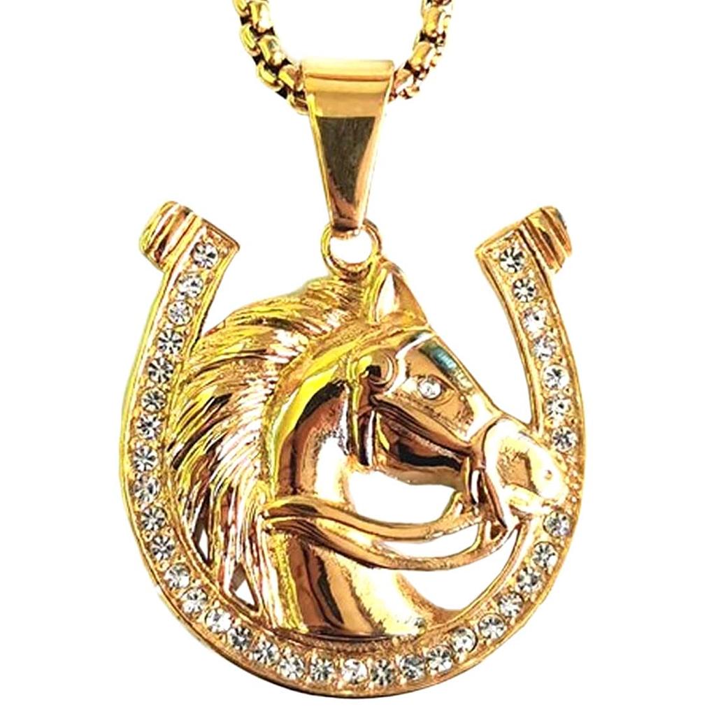 Pendant Top Necklace Surgical Stainless Steel 316L Golden Horse Emblem Golden Horseshoe Hizume Horse Choker Horse Racing Racehorse STT760 [Green