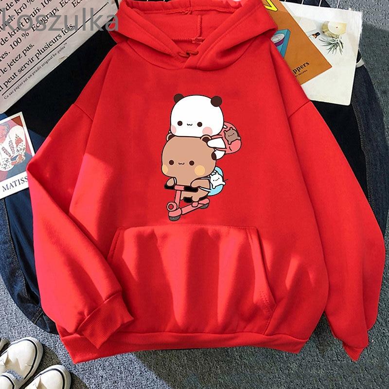 Women Kawaii Panda Bear Bubu and Dudu Hoodie Cute Couple Are Doing Exercise Sweatshirt Girls Pocket Clothes Men Tops Long Sleeve