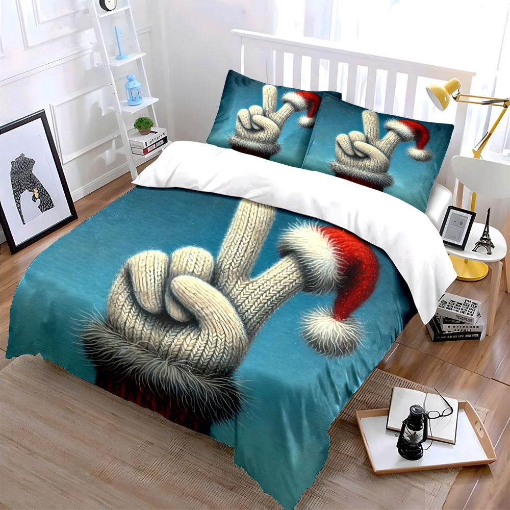 Christmas Glove Peace Gesture Bedding Duvet Cover Set (1*Duvet Cover 2*Pillowcases, without duvet insert)