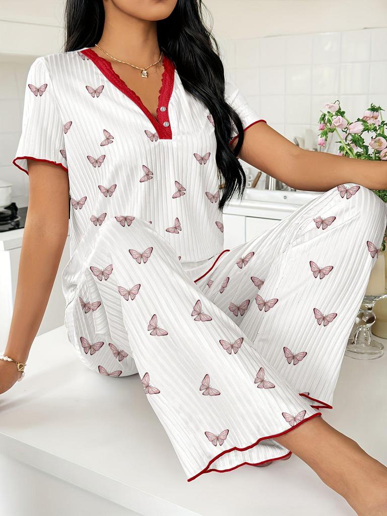 Spring and Autumn Women's Wide-Leg Print Pajama Set: Comfortable Short Sleeve Top and Long Pants for Indoor/Outdoor Wear.