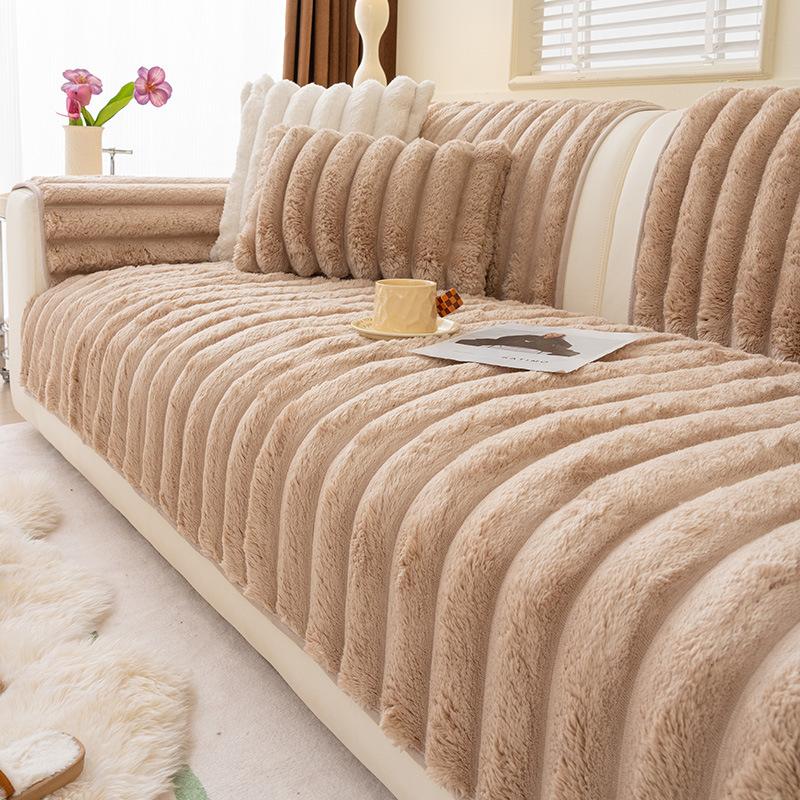 Nordic Faux Camel Velvet Sofa Cover Ultra Soft Anti-Slip Cushion for All Seasons Furniture Protection Slipcover for Living Room
