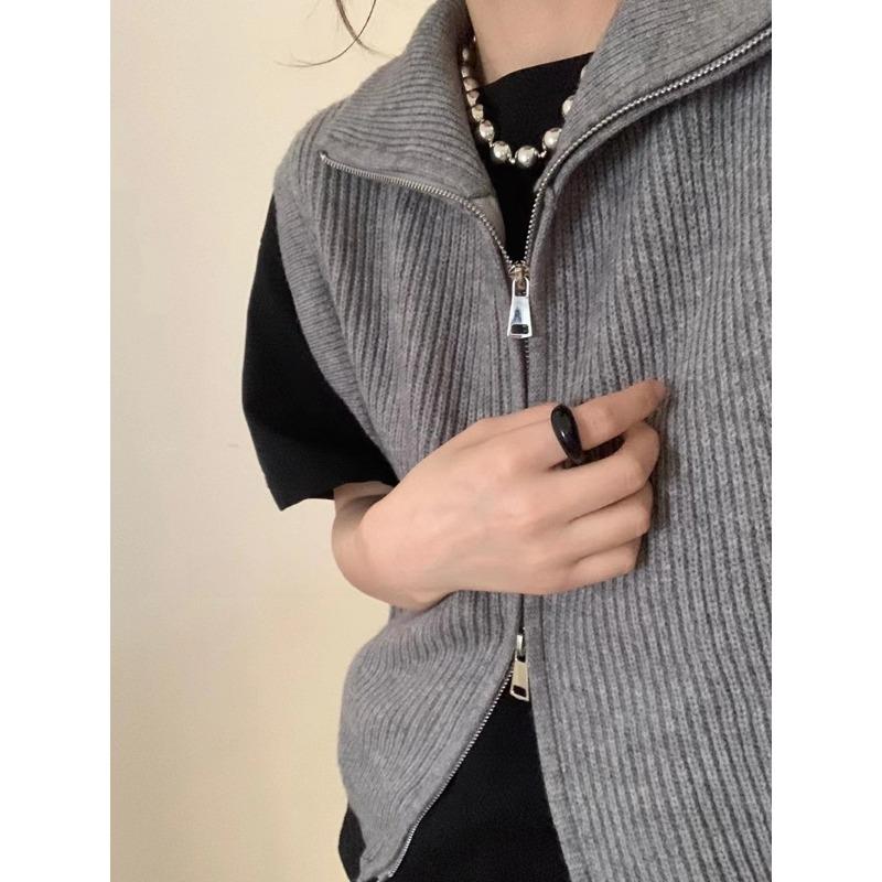 Женский осенне-зимний вязаный кардиган с двойной молнией и лацканами