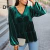 Женские топы с V-образным вырезом, длинным рукавом, однотонный пуловер, свободный покрой, отделка рюшами, бархатная рубашка