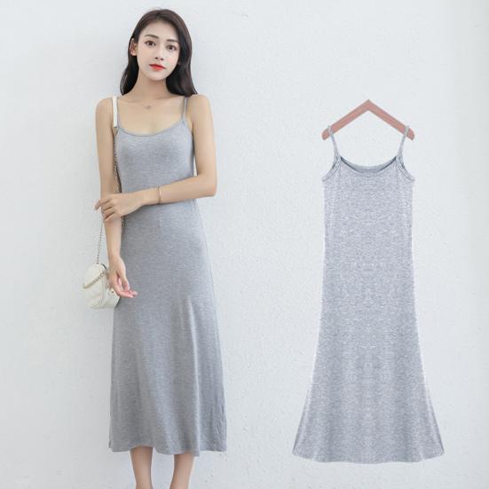 Summer Sundress Skeeveless Loose Solid Color Stretch Backless Round Neck A-line Inner Wear Outerwear Midi Dress Daily Slip Dress