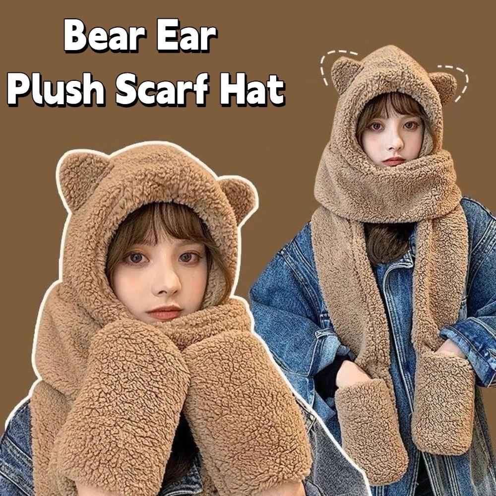 Earmuffs Bear Ear Plush Beanie Thickened Fleece Scarves Hat Cute Plush Scarf Hat Gloves Ladies