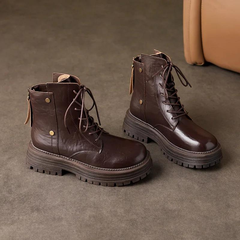 Уличная женская обувь Женские ботинки из натуральной кожи Осенне-зимние теплые женские ботинки с молнией сзади Ретро плиссированные мотоциклетные ботинки