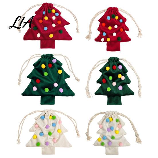 Reusable Xmas Tree Decorations Christmas Drawstring Gift Bag, Plush Pom Bell Hanging Velvet Bags for Candy Ornament, Pouch Decor Holiday Door