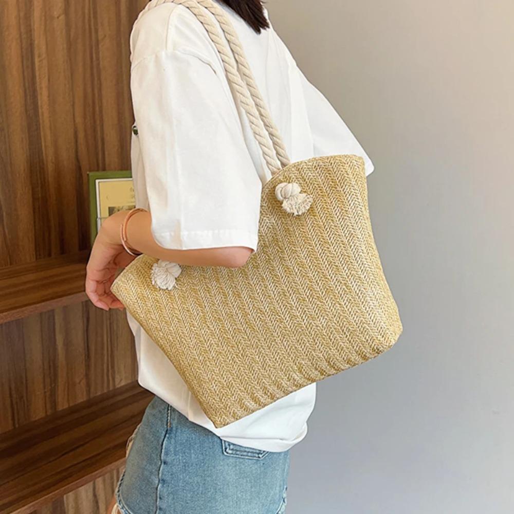 Solid Color Beach Handbag Bohemian Underarm Shoulder Bag Elegant Straw Tote Bag  Summer