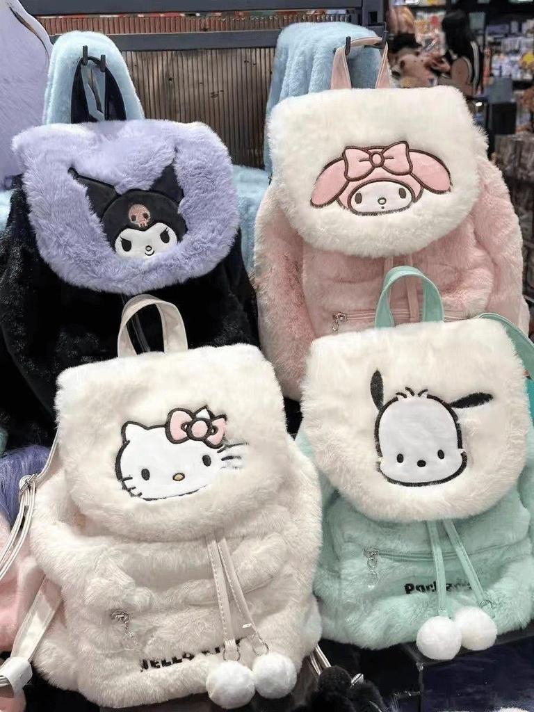 Рюкзак женский плюшевый Sanrio - Коллекция Осень/Зима, Изысканный полиэстеровый школьный рюкзак для повседневного использования