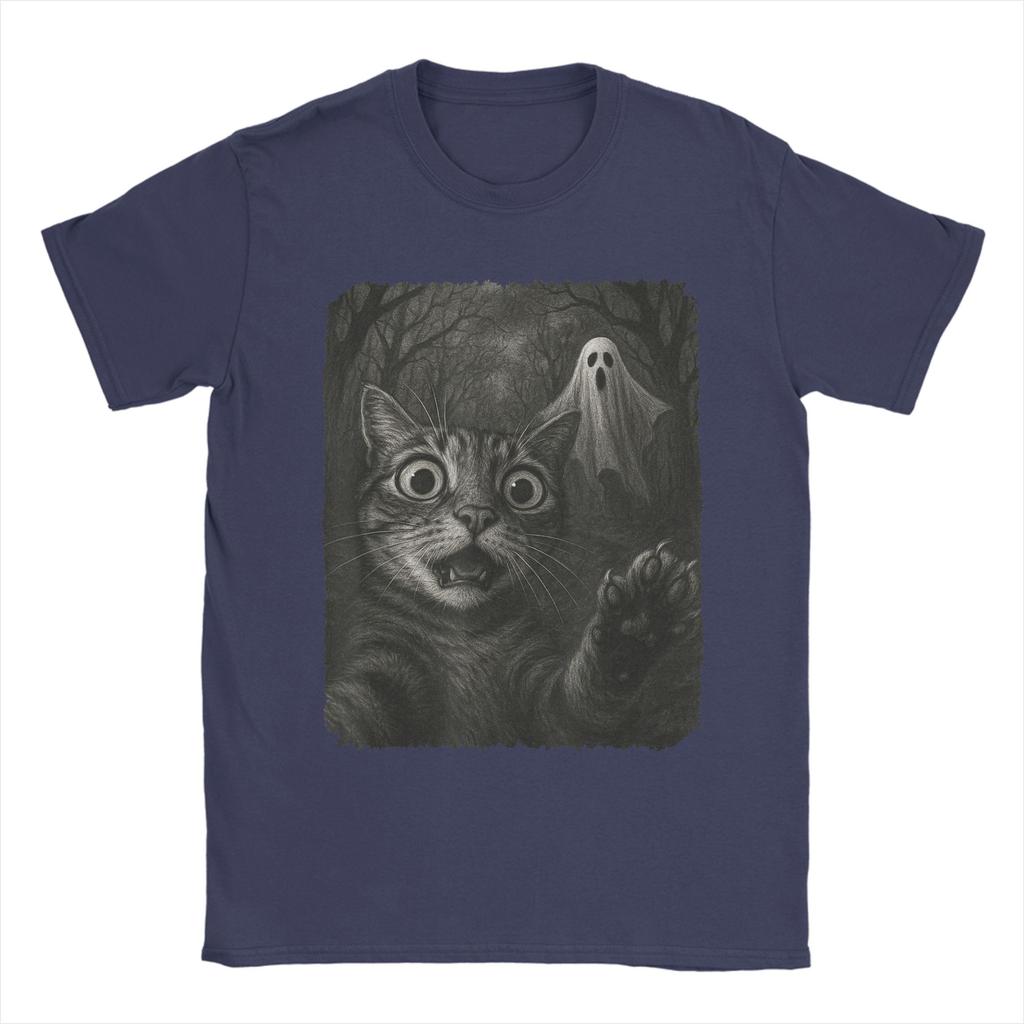 Men T-Shirt Cat Selfie with Spooky Ghost Funny 100% Cotton Tee Short Sleeve Funny Halloween T Shirts Round Neck Clothes Graphic