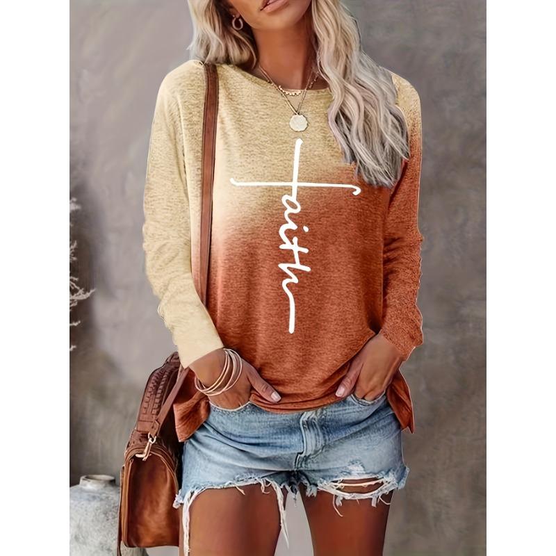 Letter Print Crew Neck T-Shirt, Casual Long Sleeve T-Shirt For Spring & Fall, Women's Clothing