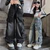 Spring and Autumn Girls' Wide Leg Pants Cargo Jeans for Girls Loose Casual Elastic Waist Teenage Children Wide Leg Pants Streetwear Kids Trousers