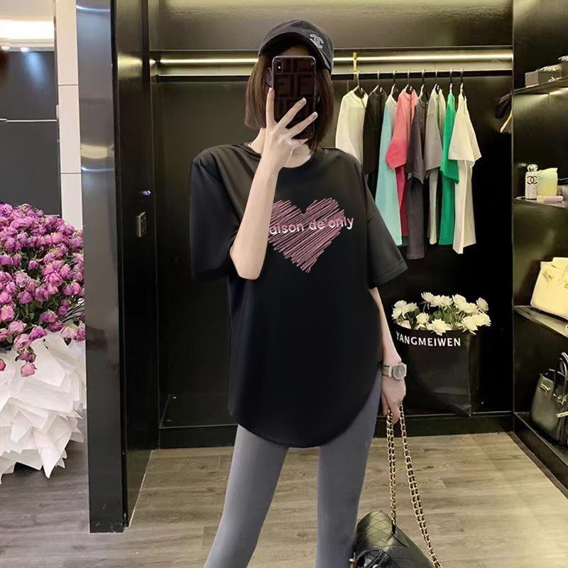 Butt Cover Top Loose Black Cotton Round Neck Short-sleeved T-shirt for Women In Summer Curved Hem Slit Medium Length
