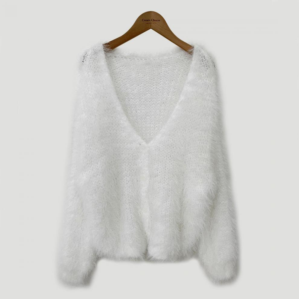 Korean Chic Retro V-Neck Faux Mink Fur Sweater Cardigan - Long-Sleeved, Loose-Fit Women's Knitwear