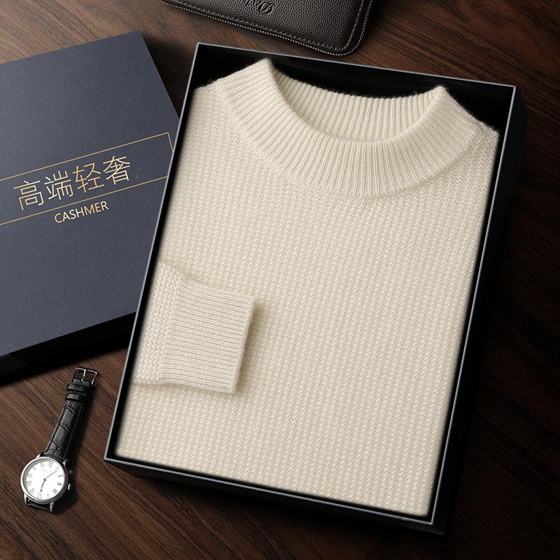 Men's Double-Ply Jacquard Cashmere Sweater - Thick, Half-High Neck, Loose Fit for Autumn/Winter Fashion.
