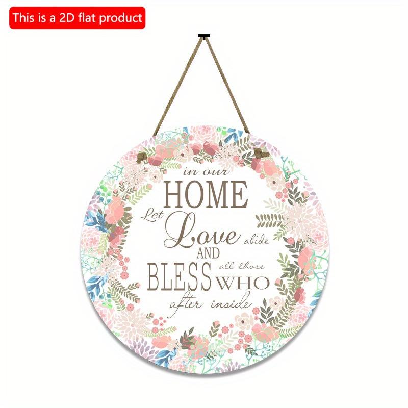 2D Flat 20*20cm1pc Home Love and Bless Simple Artistic Style Pink Garland Round Hanging Wooden Home Decoration, Light Pink Beatiful Flowers Print Wood
