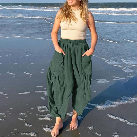 Женские повседневные брюки с прямой талией и широкими карманами, регулируемые брюки с эластичной завязкой, свободная посадка