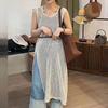 Fashion Sleeveless Knitted Thin Women Cover Up O-neck Casual Loose Dress Hollow Out Split Blouse Solid Color Elegant Summer Tops Long Shirts