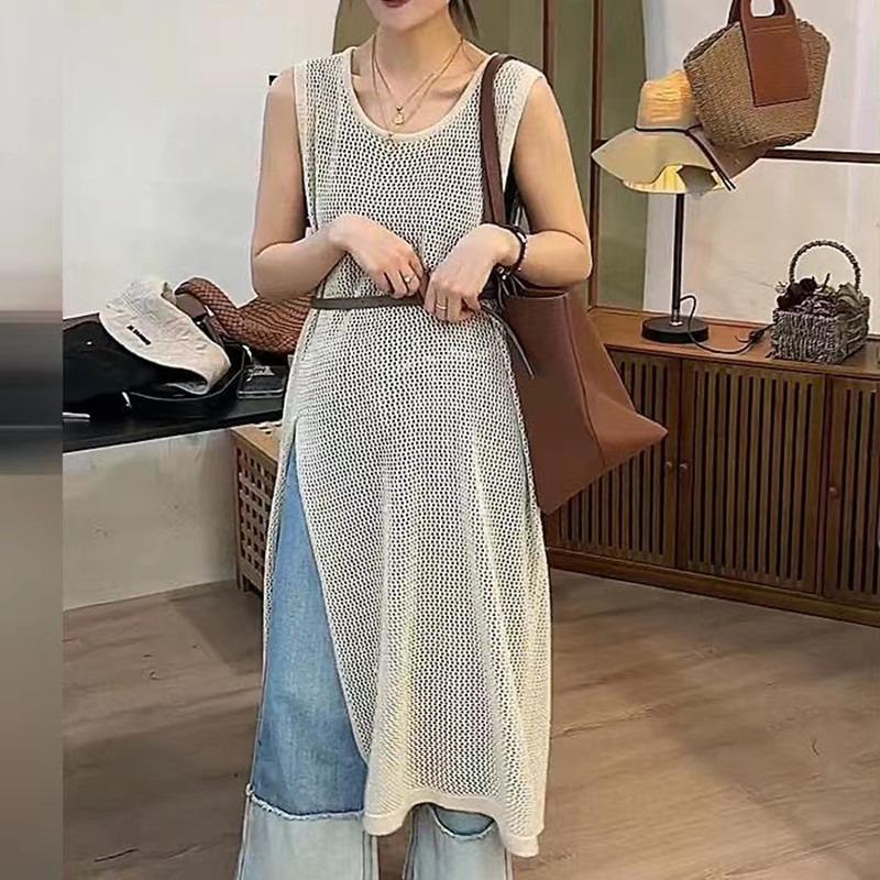Fashion Sleeveless Knitted Thin Women Cover Up O-neck Casual Loose Dress Hollow Out Split Blouse Solid Color Elegant Summer Tops Long Shirts