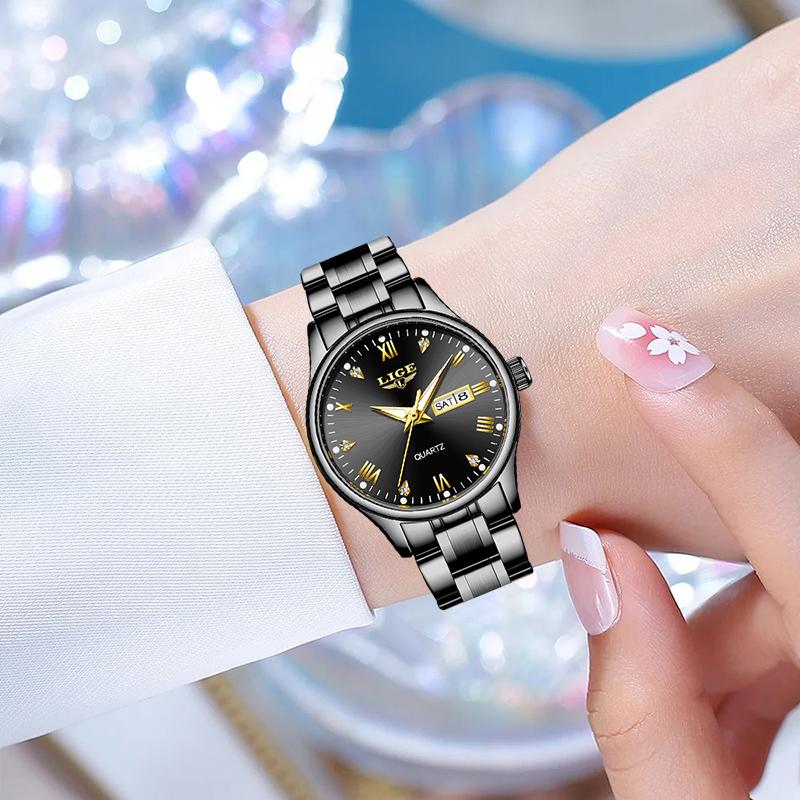 LIGE Quartz Woman Watch Simple Fashion Elegant Luxury Casual Steel Waterproof Week Calendar Women's Watches Ladies Gift Birthday