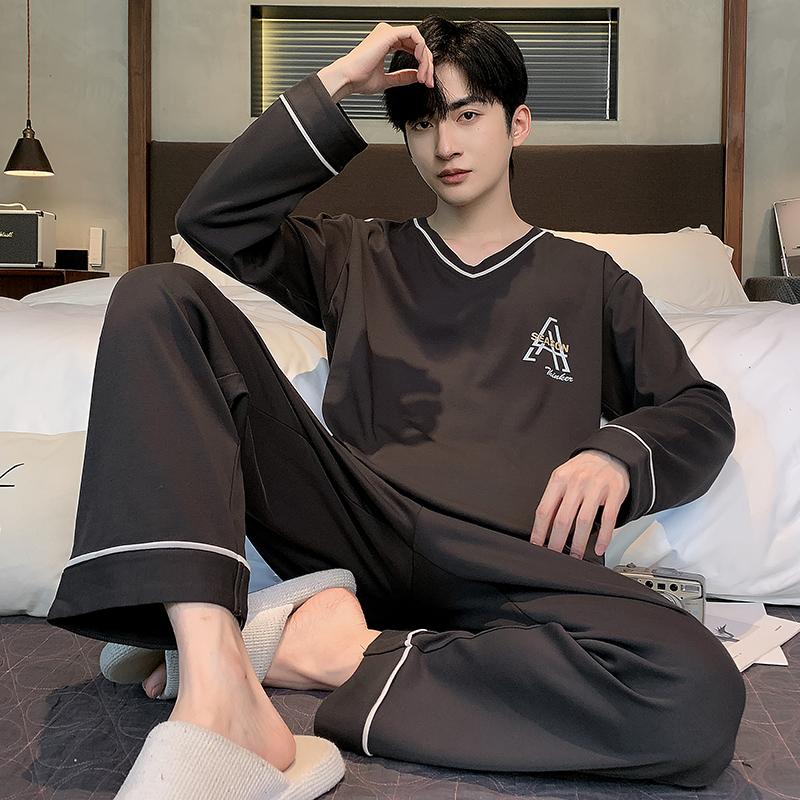 2-Piece Spring and Fall Men's Cotton Pajamas Set Boys Soft Long-Sleeved Sleep Rest Home Party Pajamas Men's Casual Homewear