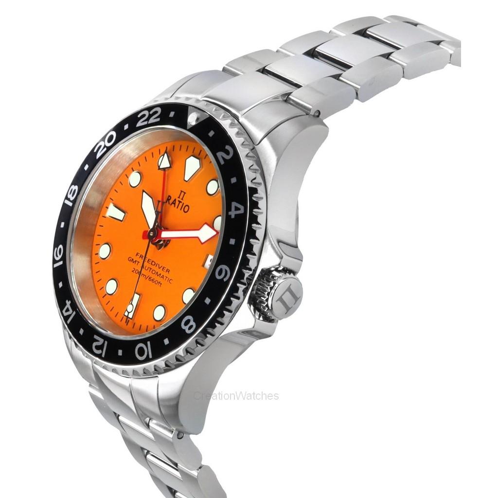 RATIO Мужские часы FreeDiver GMT Series с сапфировым стеклом из нержавеющей стали с оранжевым циферблатом RTF055 200M