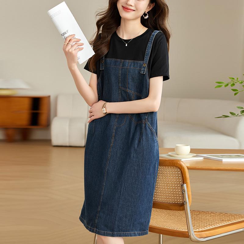 Женское повседневное джинсовое платье из двух частей в стиле пэчворк - 2025 лето, большие размеры, шикарный стиль для мам среднего возраста