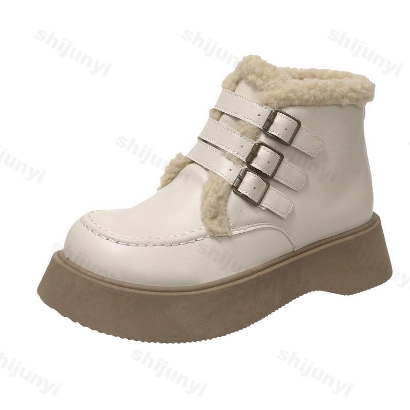 Модная зимняя женская обувь с круглым носком, ботинки на массивном каблуке, модные ботинки на высоком голенище с пряжкой, кожаная обувь для женщин, теплые зимние ботинки, обувь на платформе