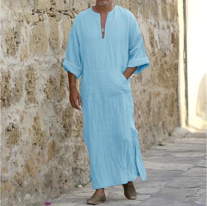 Мужские хлопковые льняные длинные рубашки с V-образным вырезом и длинными рукавами, топы, рубашка, повседневная свободная посадка