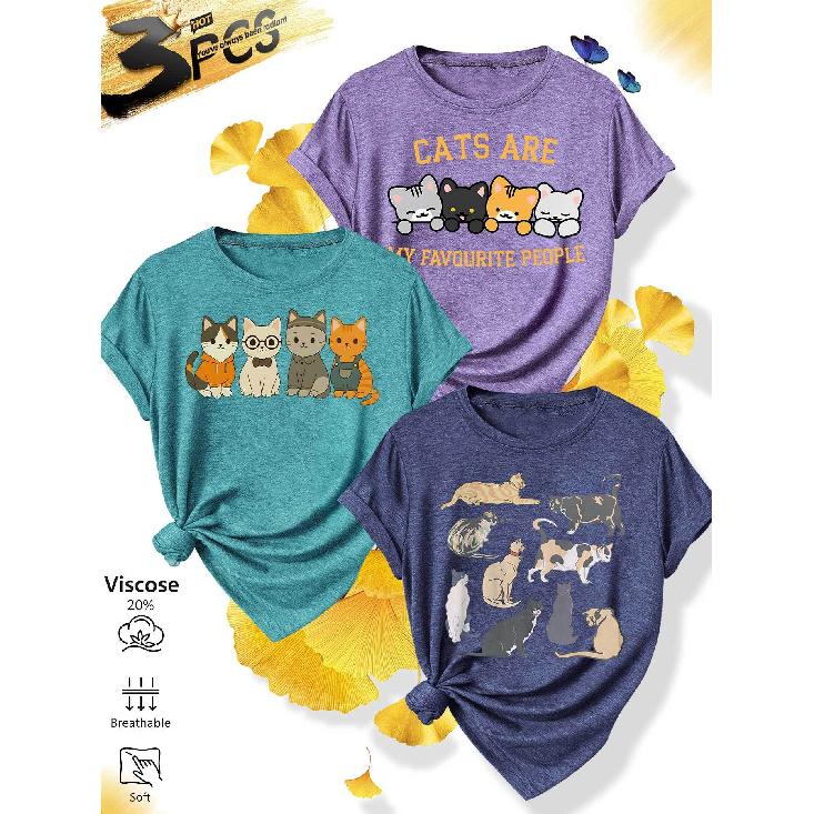 3Matching outfits for sisters' family gatherings Cartoon cat fun text print casual round neck top, fresh and versatile, made of soft knitted fabric,