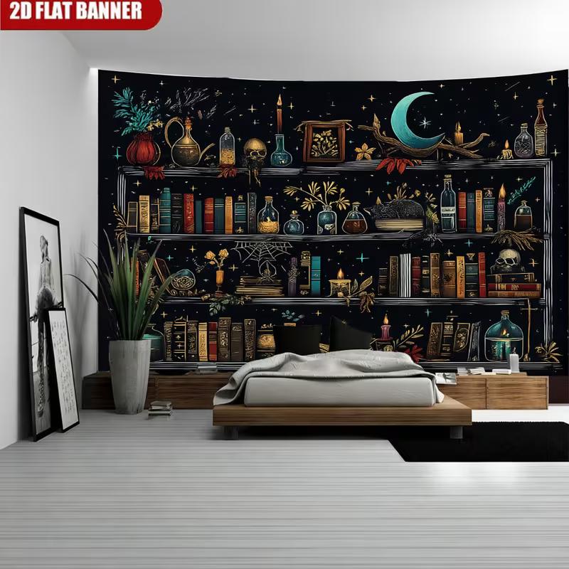 2D Mystical Witchy Bookshelf with Potions and Moon Photography Backdrop