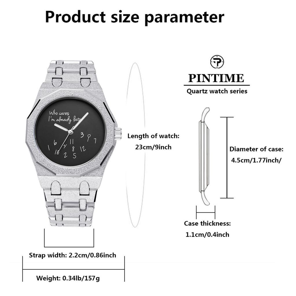 Men's quartz watch, twelve-sided matte black stainless steel strap, round dial design, graffiti digital pattern, wa