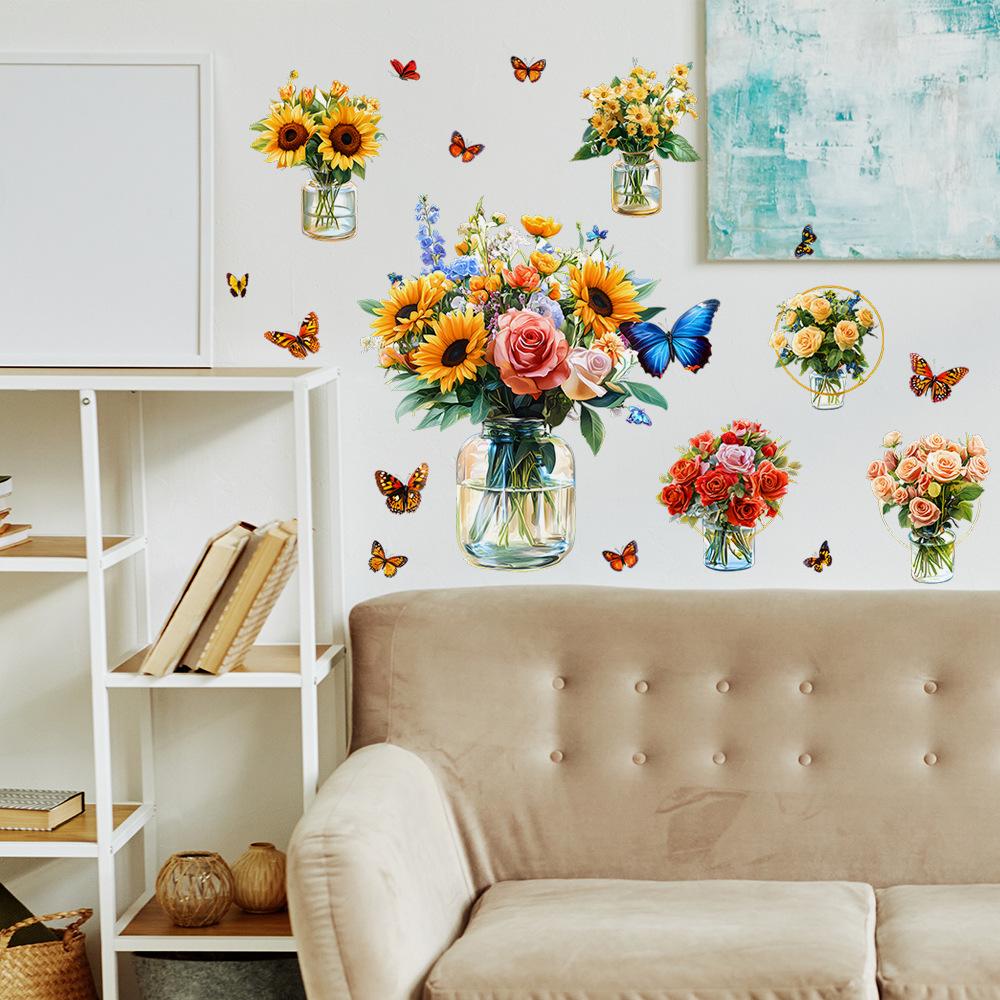 Painted Flowers Vase Butterfly Bedroom Living Room Wardrobe Home Background Beautification Decoration Stickers