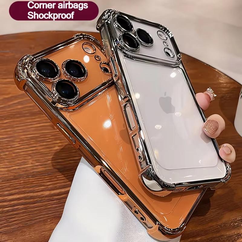 Электроplated Прозрачный Чехол Для Телефона Для iPhone 17 Air 16 e 15 14 13 12 11 Pro Max Plus Mini Полная Защита Объектива Подушка Безопасности Чехол