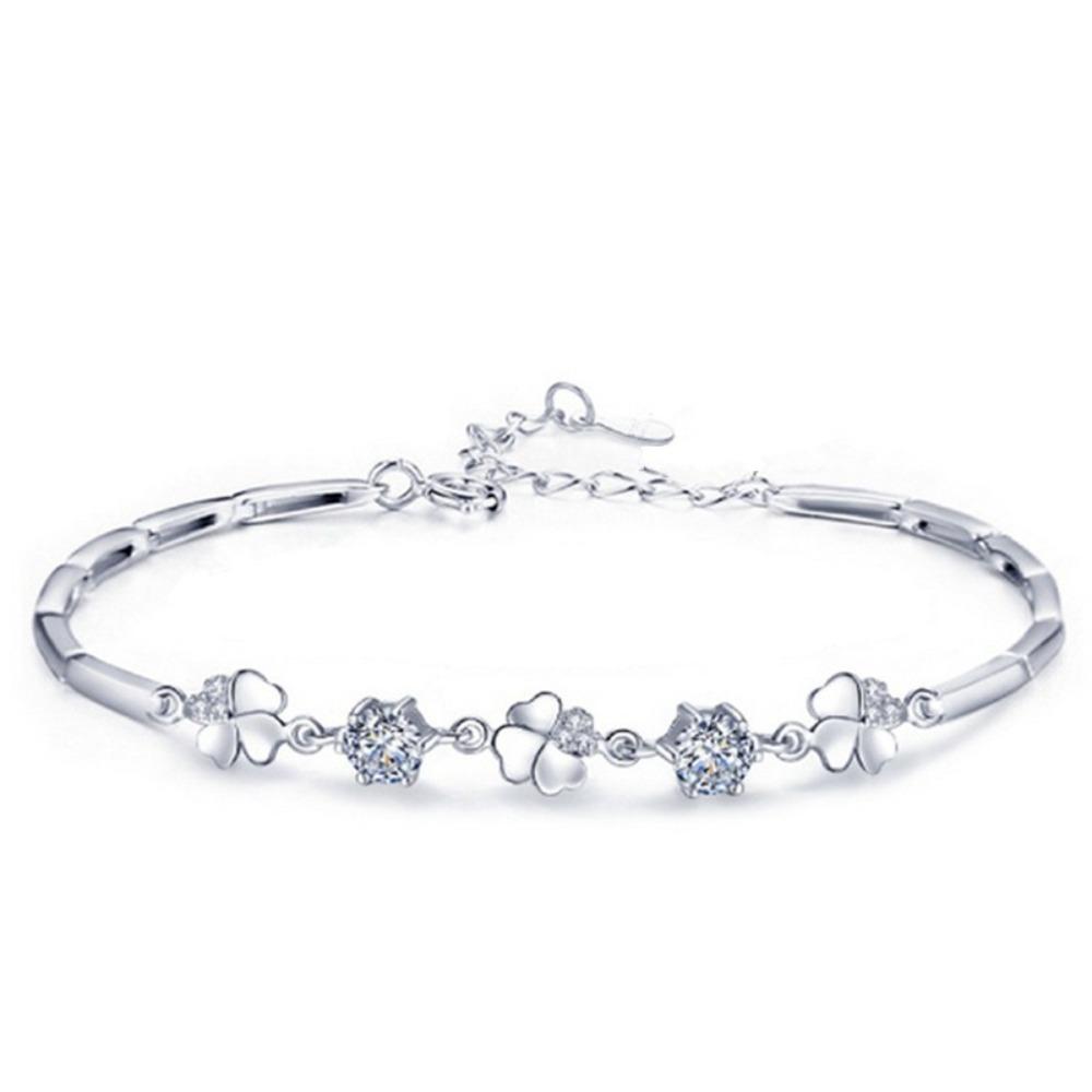 925 Silver Plated Bracelet for Women Sweet Clover Rotating Flower Zircon Jewelry