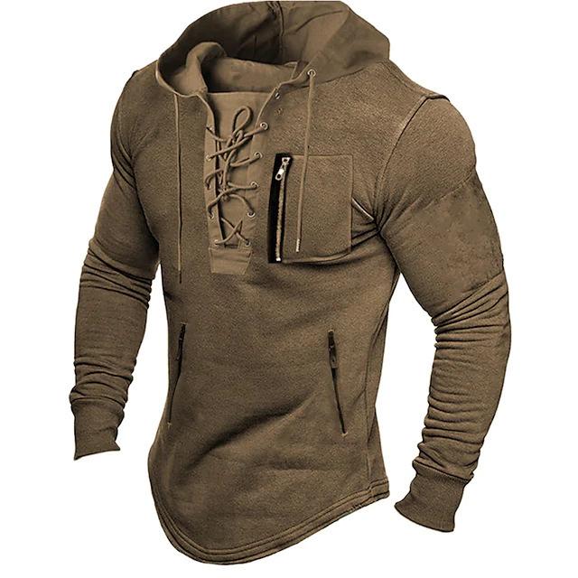 Men's Hooded Zip-Up Sweatshirt with Chest Pocket, Military Green, Olive, Brown, Gray, Black