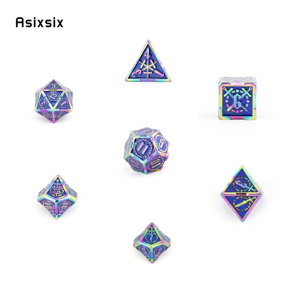 7 Pcs Blue Red Double Swords Metal Dice Solid Polyhedral Dice Set Suitable for Role-Playing RPG DND Pathfinder Board Game