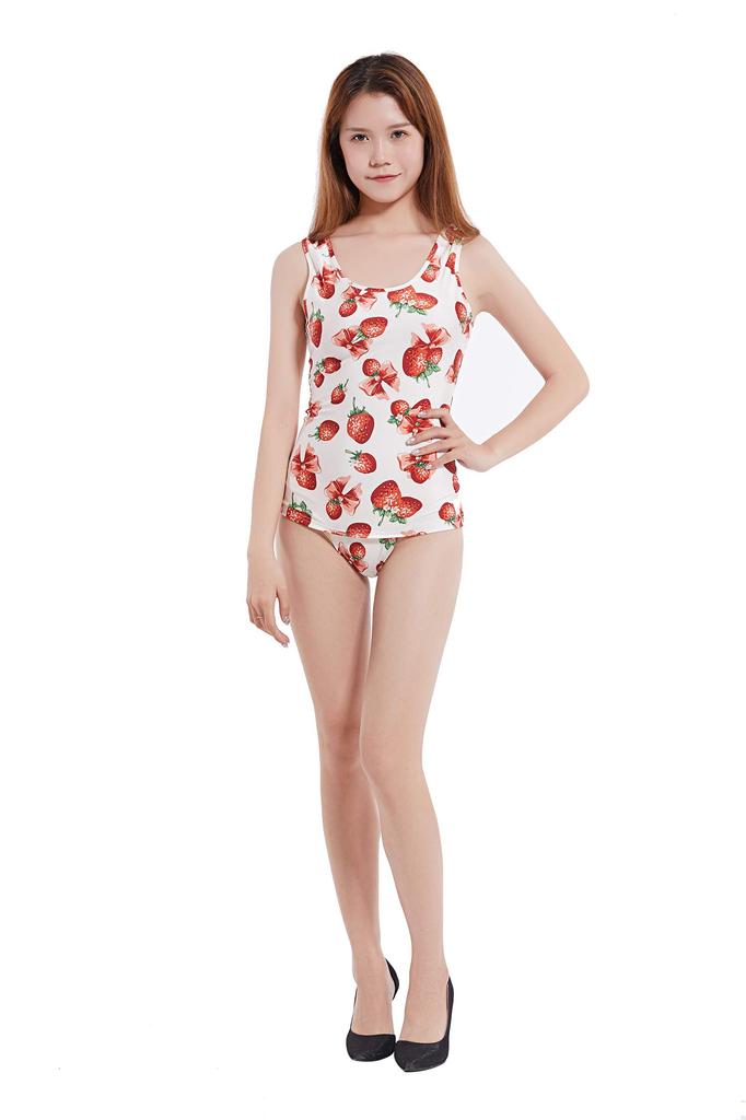 Omoshiro Club Гладкий трикотажный купальник в старом школьном стиле (KNR08) (Оверсайз, принт «Клубника»)