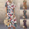 Женское богемное платье больших размеров с круглым вырезом и цветочным принтом, винтажное длинное платье макси с коротким рукавом
